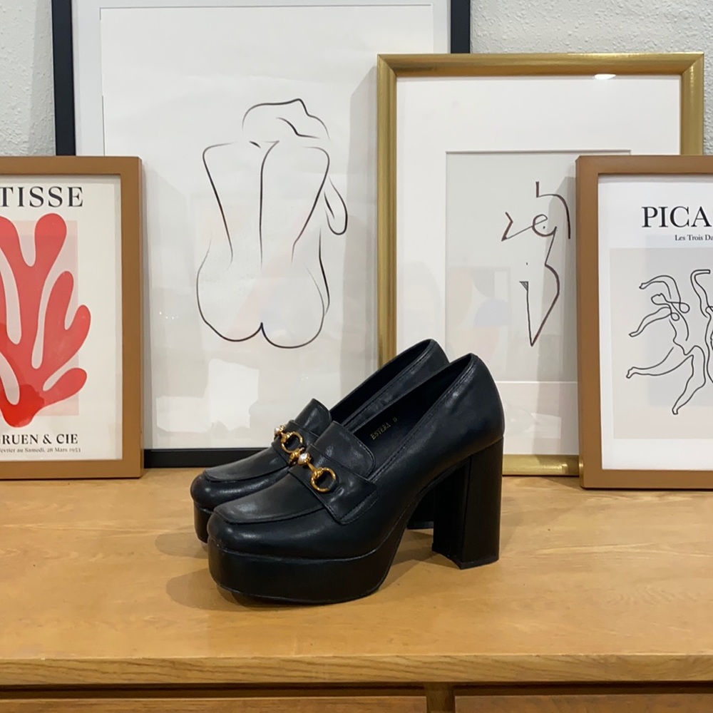 Black chunky heeled loafers